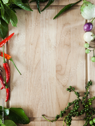 vegetable for thai curry cooking on wooden board photo