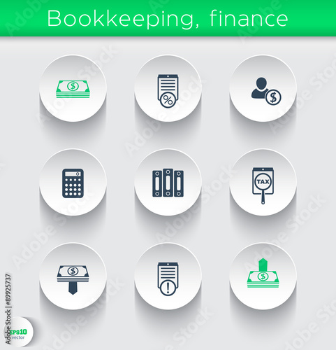 Bookkeeping, finance icons on round 3d shapes, vector illustration, eps10, easy to edit