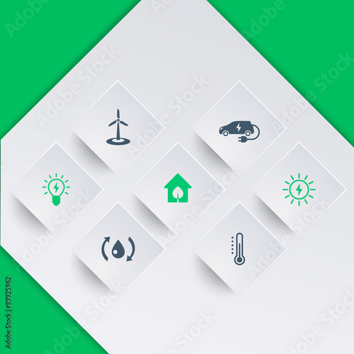 Green ecologic house, ecofriendly, energy saving technologies icons on square shapes, vector illustration, eps10, easy to edit
