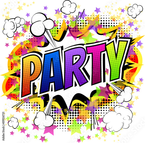 Party - Comic book style card isolated on white background.