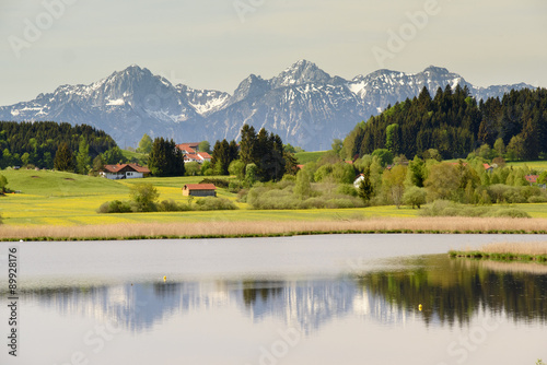 Panorama Landschaft im Allgäu in Bayern mit Berge der Alpen mit Biberschwöller See bei Steingaden photo