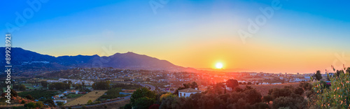 Canvas Print Mountain And Sunset at Mijas, Spain. Mountains on Yellow Sunrise