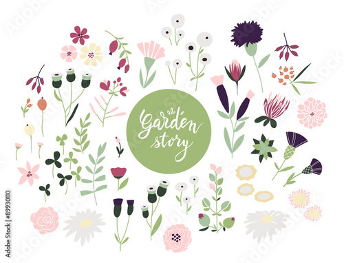 Set of hand-drawn natural design elements and motifs.