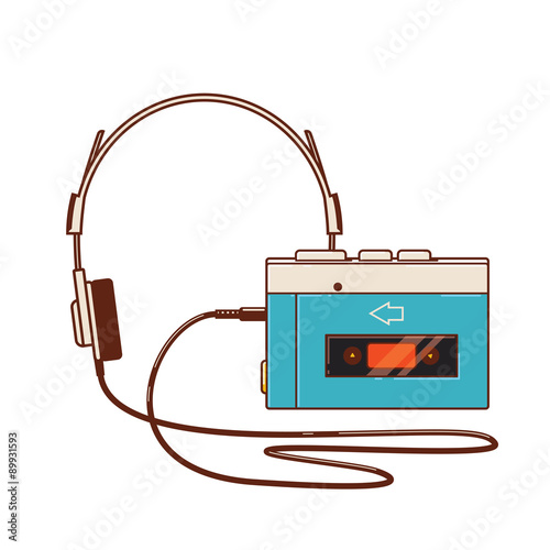 Vintage audio cassette player isolated on white background. The first portable cassette player unit from 1979  photo