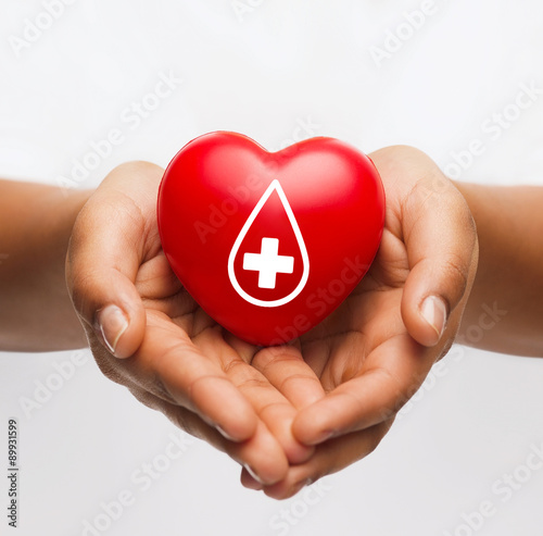 female hands holding red heart with donor sign photo