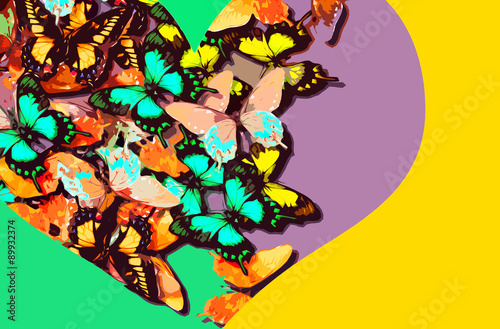 Collage of colorful butterflies within a heart shape on a bright background  
