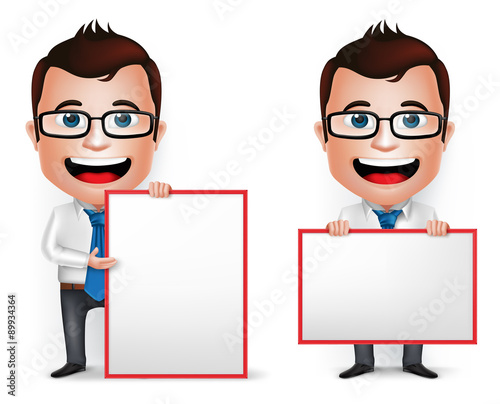 3D Realistic Businessman Cartoon Character with with White Board