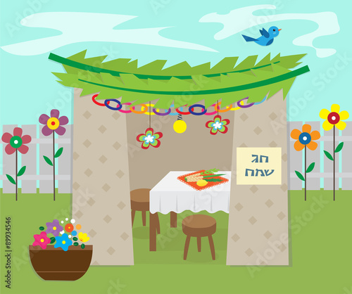 Decorative Sukkah - Vector illustration of sukkah with decoration and holiday symbols. Eps10 photo