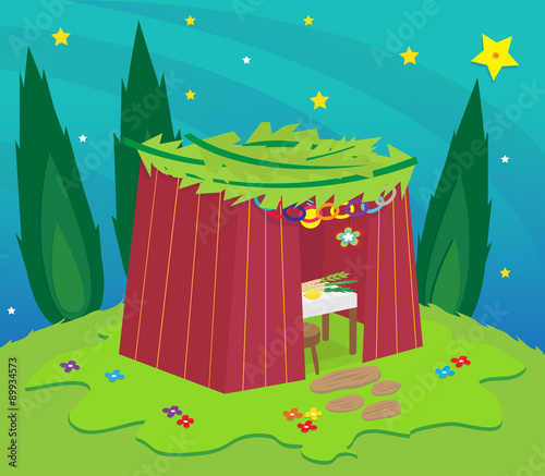 Sukkah At Night - Sukkah on a hill under the stars surrounded by trees. Eps10