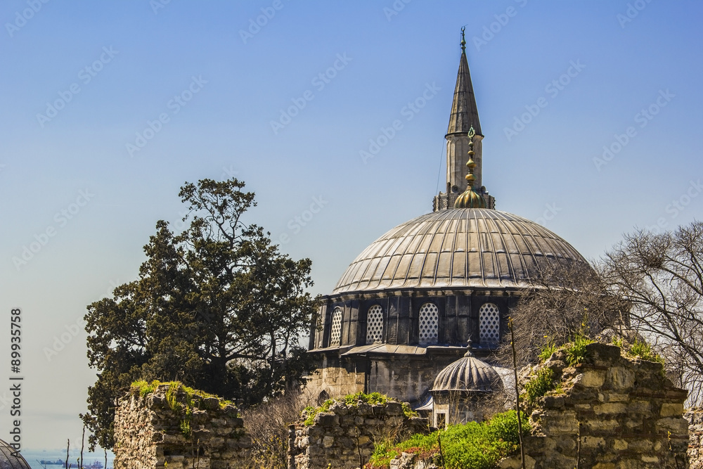 blurred background mosque and the ruins of the church in the old city of Istanbul