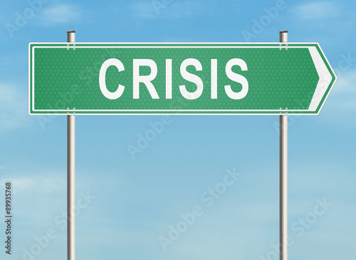 Crisis. Road sign on the sky background. Raster illustration.