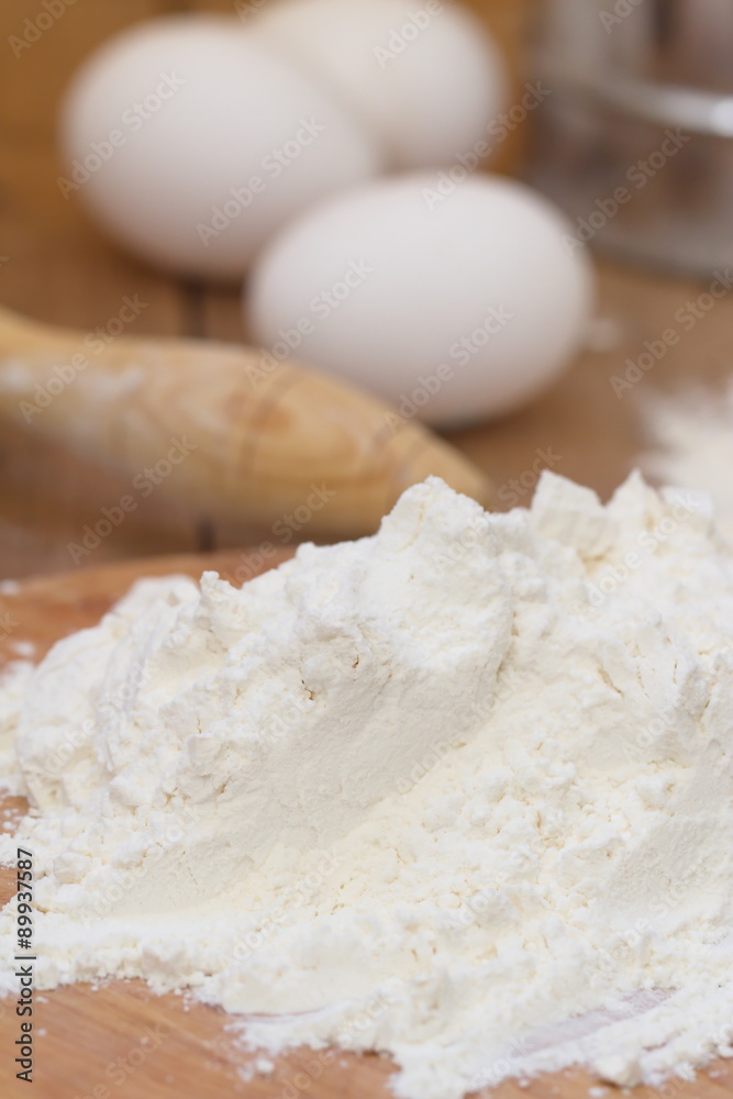 Dough preparation. Baking ingredients: egg and flour.