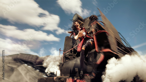Tableau sur toile Crying woman is holding onto the derailment locomotive.