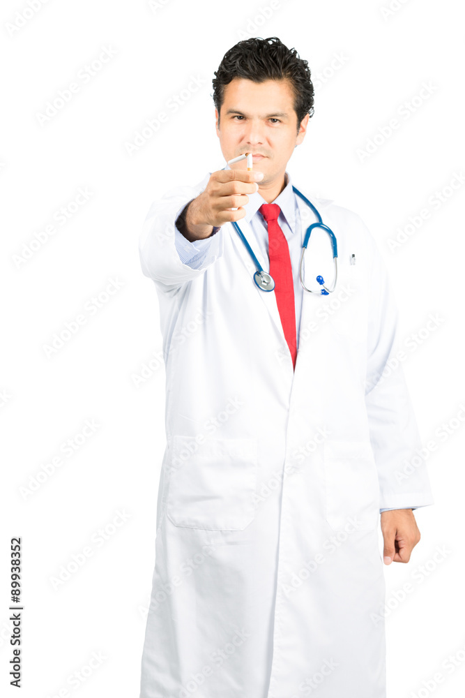Hispanic Male Doctor Holding Out Broken Cigarette Hispanic Male Doctor Holding Out Broken Cigarette