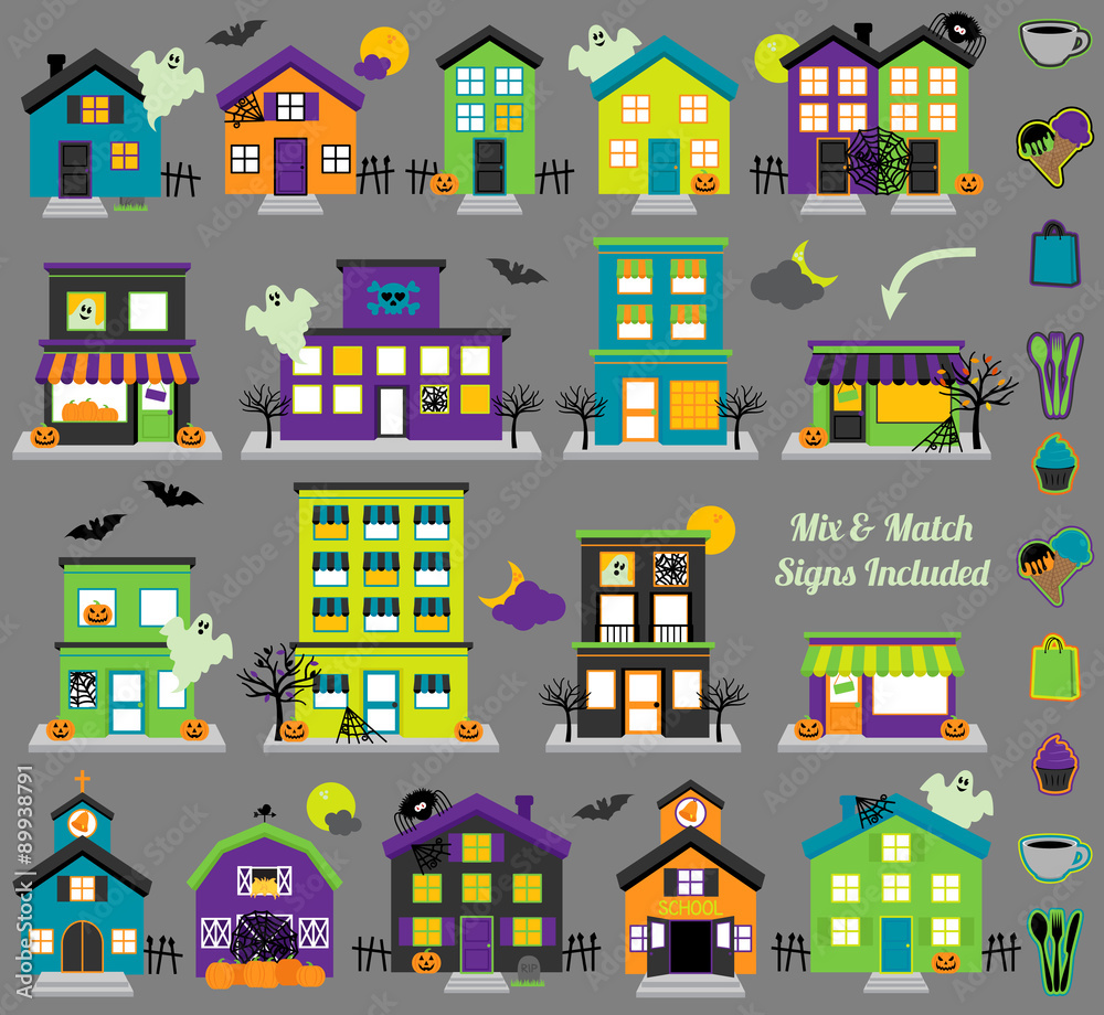 Vector Halloween Town with Haunted Houses, Shops and Mix and Match Signs