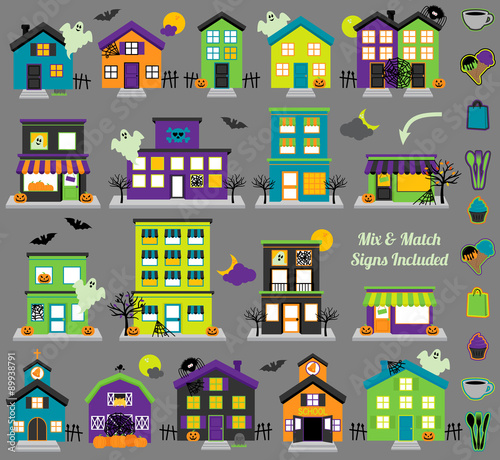 Vector Halloween Town with Haunted Houses, Shops and Mix and Match Signs