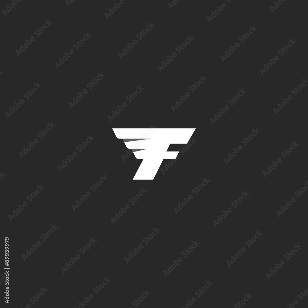 Flying letter F logo, monochrome abstract geometric shape, mockup black and white business card Flying letter F logo, monochrome abstract geometric shape, mockup black and white business card