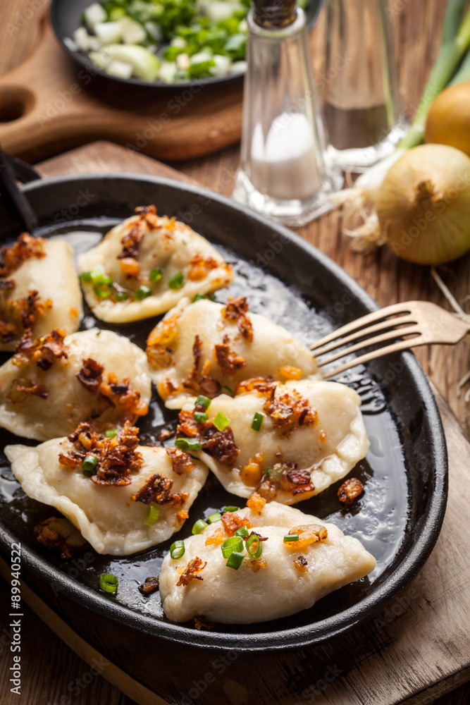 Dumplings with meat, onion and bacon.