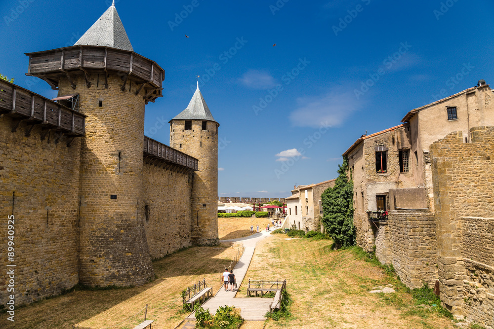 Carcassonne, France. Comtal castle and houses in the fortress