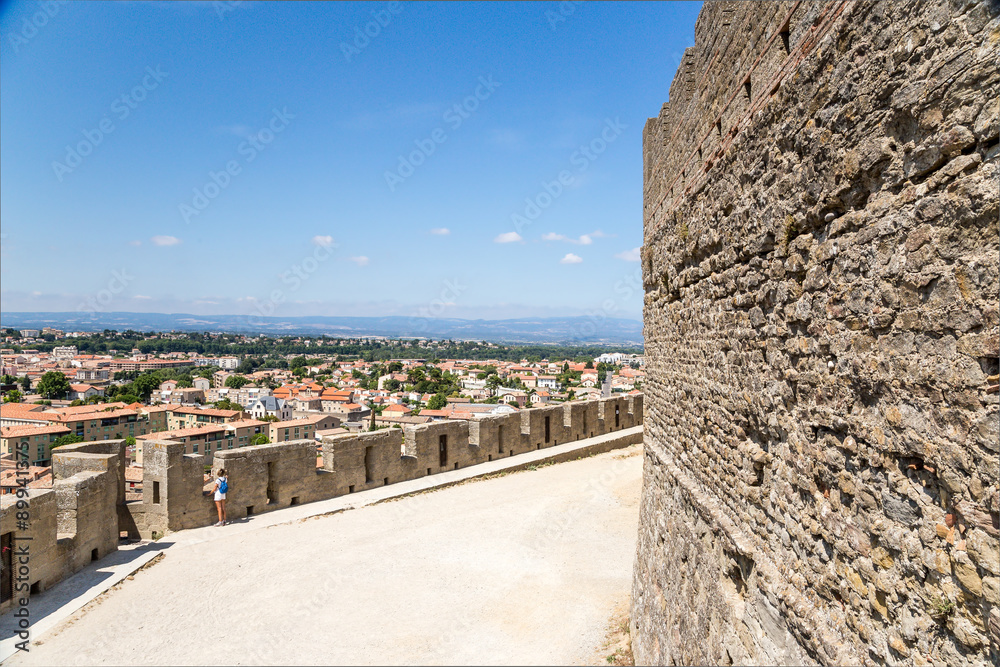 Carcassonne, France. Landscape with ancient fortress buildings overlooking downtown