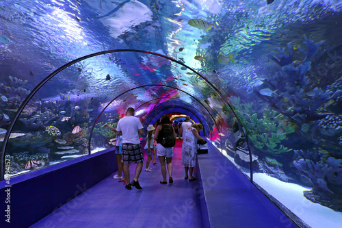 People enjoy the underwater view of the aquarium Antalya. The aquarium is the longest in the world panoramic tunnel with a length of 131 meters