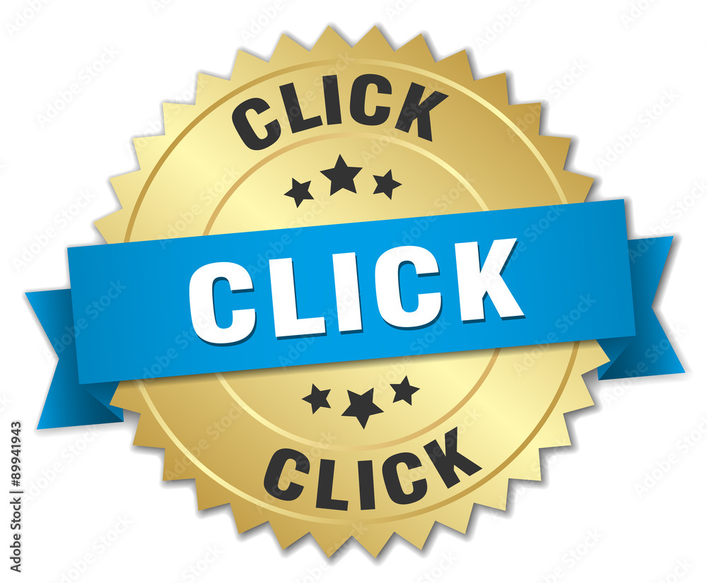 click 3d gold badge with blue ribbon click 3d gold badge with blue ribbon