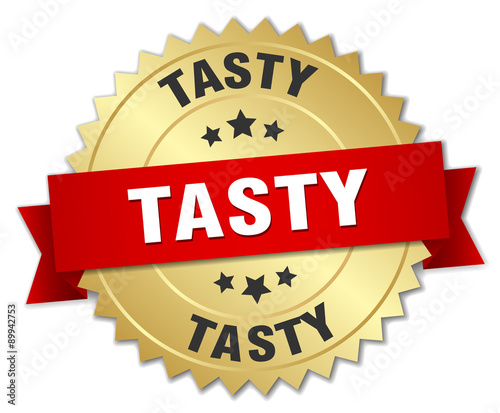 tasty 3d gold badge with red ribbon