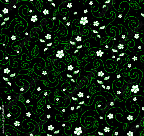 Vector seamless pattern with green leaves and white flowers