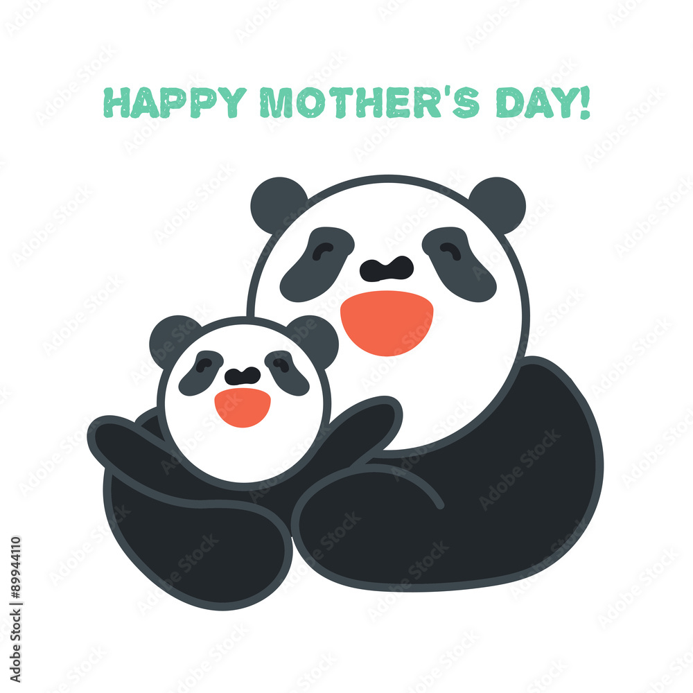 Naklejka premium Sticker, card with happy mother and child panda