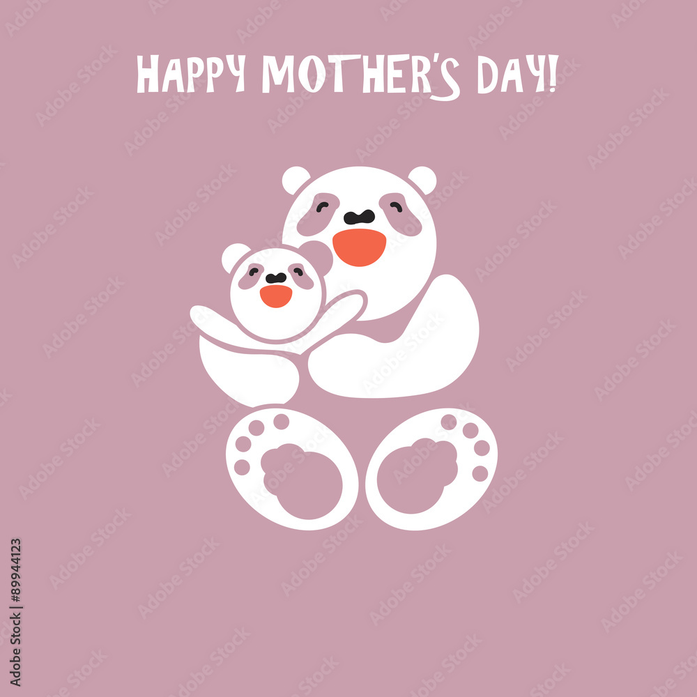 Sticker, card with happy mother and child panda Sticker, card with happy mother and child panda