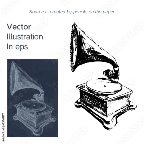 Vector bright hand-drawn old gramophone