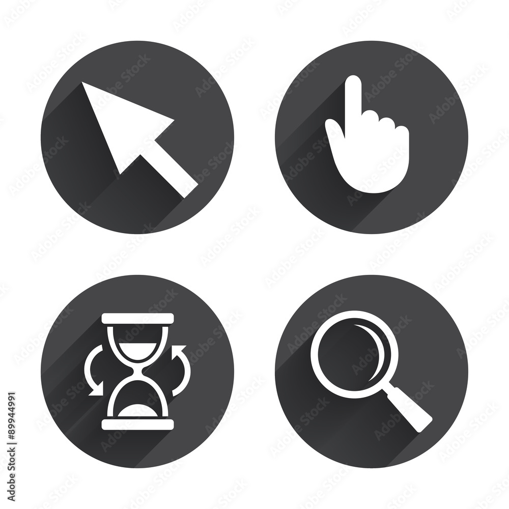 Mouse cursor icon. Hourglass, magnifier glass. Mouse cursor icon. Hourglass, magnifier glass.