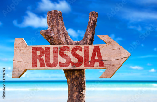 Russia wooden sign with sea background