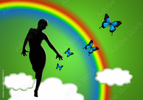 Primavera  mujer  arco iris  mariposas  fondo  nubes