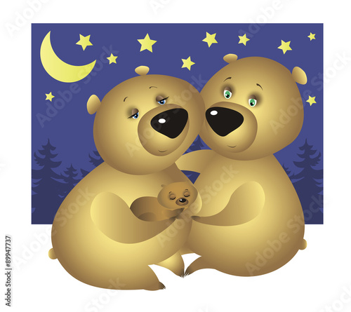 A bear family: Mother, Father, and their sleeping baby bear at night