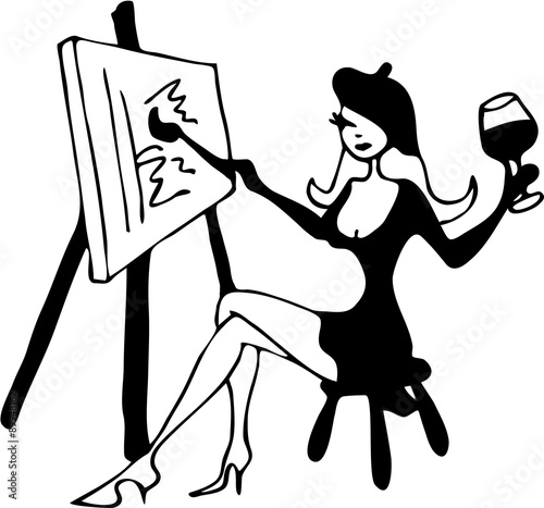 woman painting with a glass of wine