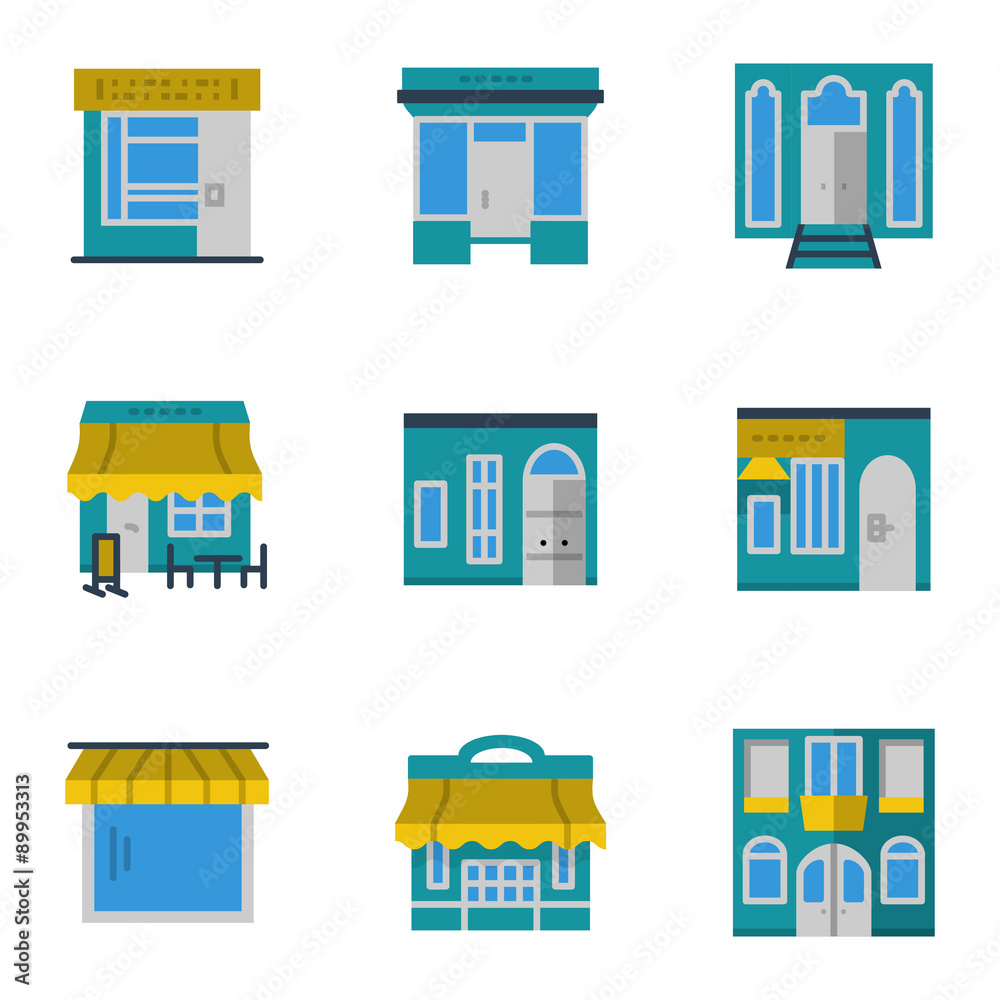 Storefronts blue icons set