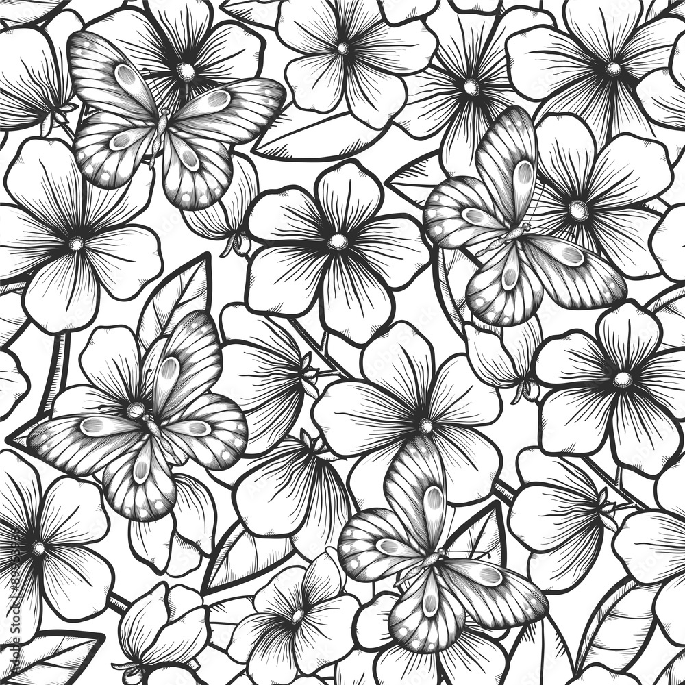Beautiful black and white seamless background with branches of flowering trees and butterflies. Beautiful black and white seamless background with branches of flowering trees and butterflies.