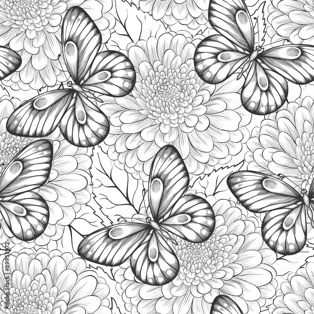 beautiful black and white seamless pattern with flowers and butterflies