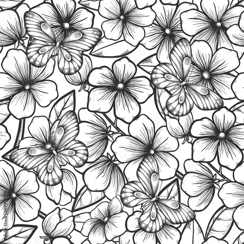 Beautiful black and white seamless background with branches of flowering trees and butterflies.