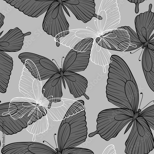 beautiful monochrome black and white seamless background with flying butterflies