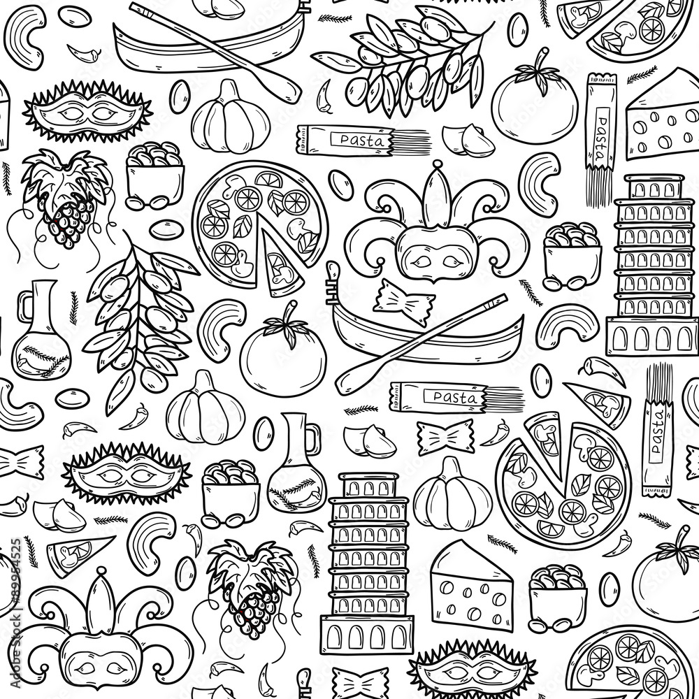Seamless background with cartoon objects in hand drawn outline