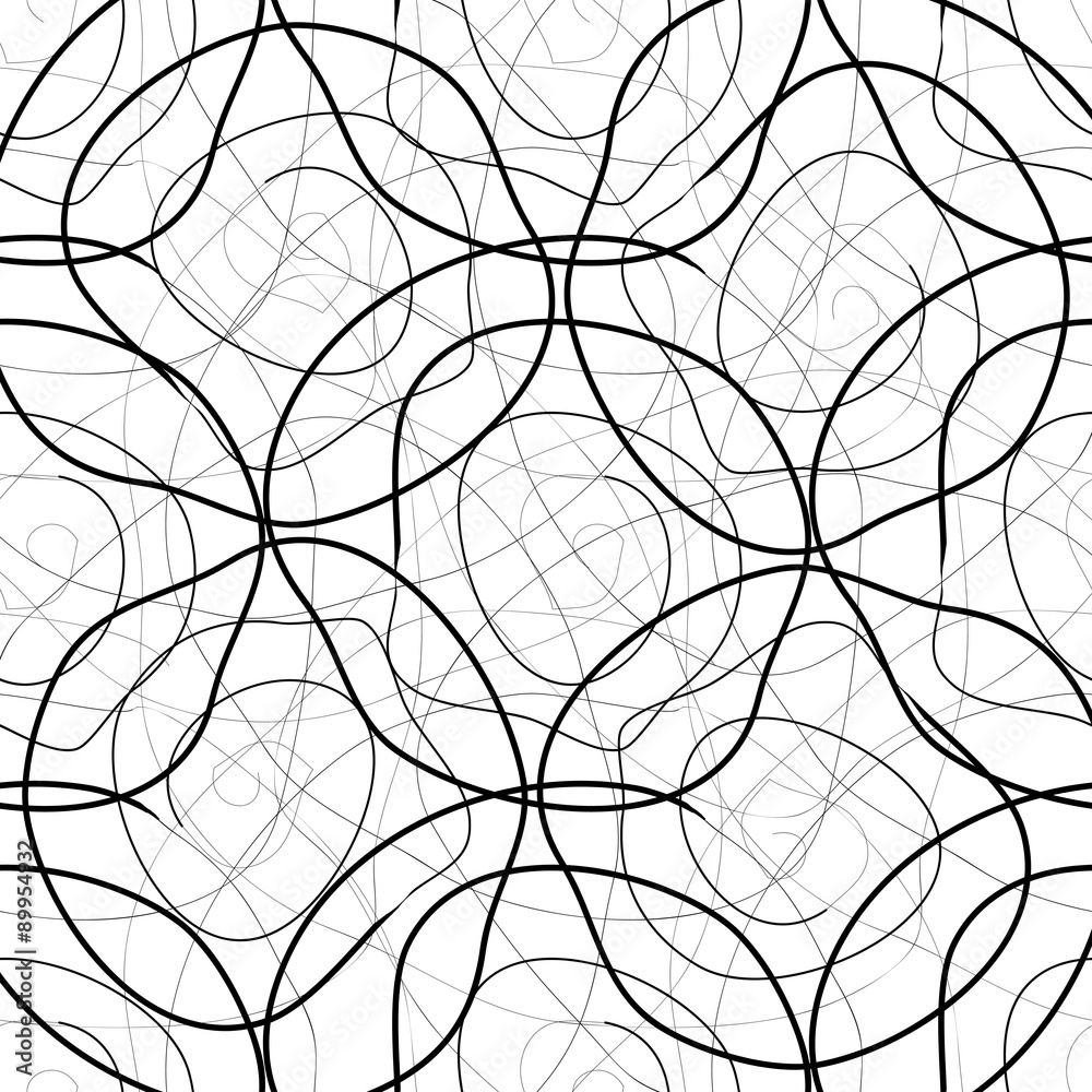 Black circles and lines on a white background. Seamless.