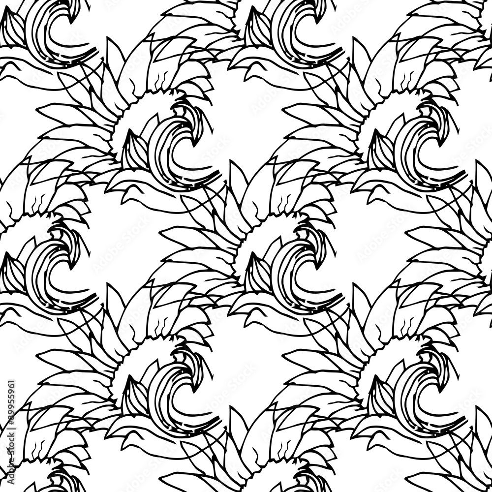Black graphic flowers on white seamless background. Black graphic flowers on white seamless background.