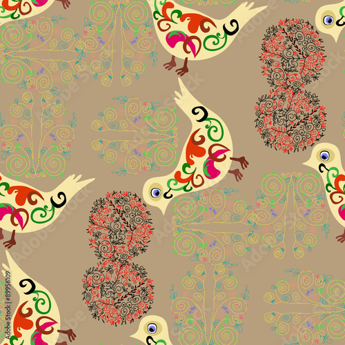 Birds and branches in the style of folk painting.Seamless.