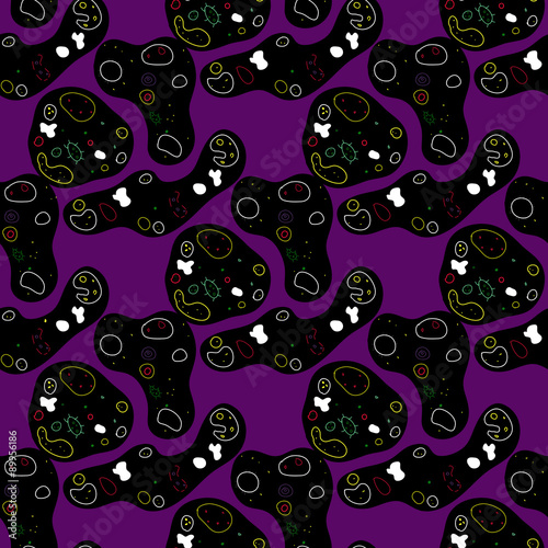 Black geometric shapes on a purple background.