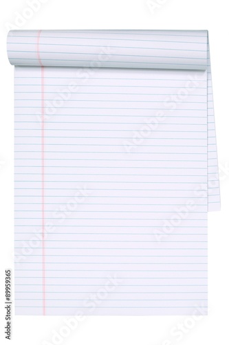 white a4 sized lecture notepad with lines and red margin isolated on white