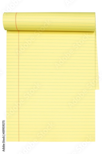 yellow a4 sized lecture notepad with lines and red margin isolated on white