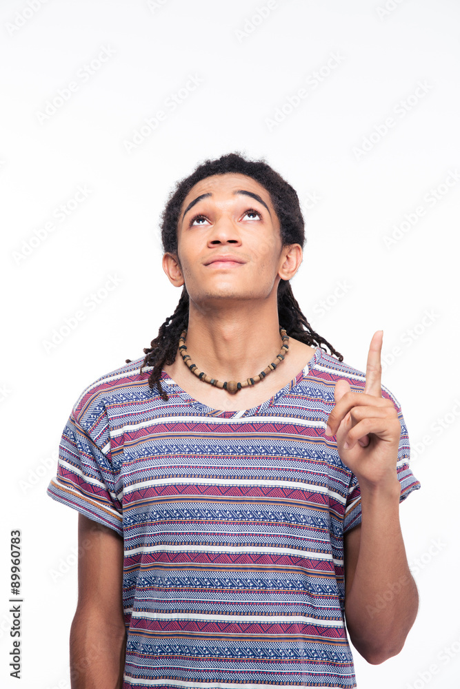 Afro american man pointing finger up Afro american man pointing finger up