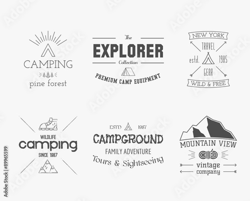 Set of vintage explorer, mountain, forest logo, labels and